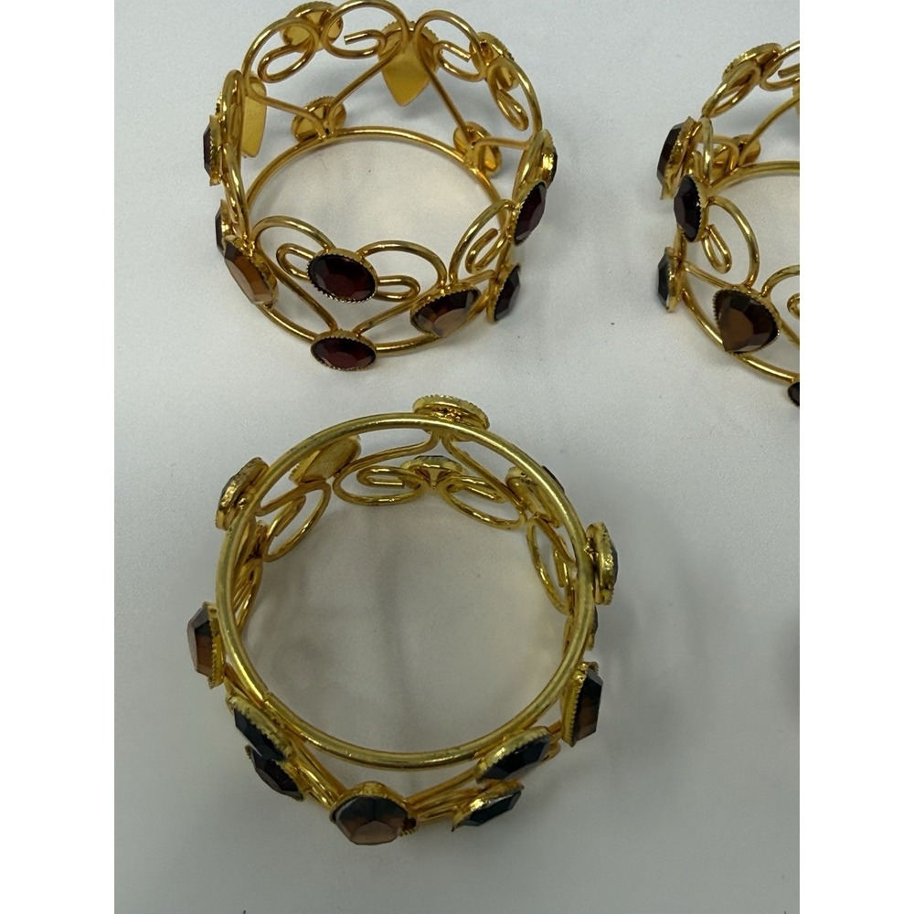 4 Pier One Imports Jeweled Napkin Rings Red & Amber Set In Gold Tone Metal - Picture 3 of 5